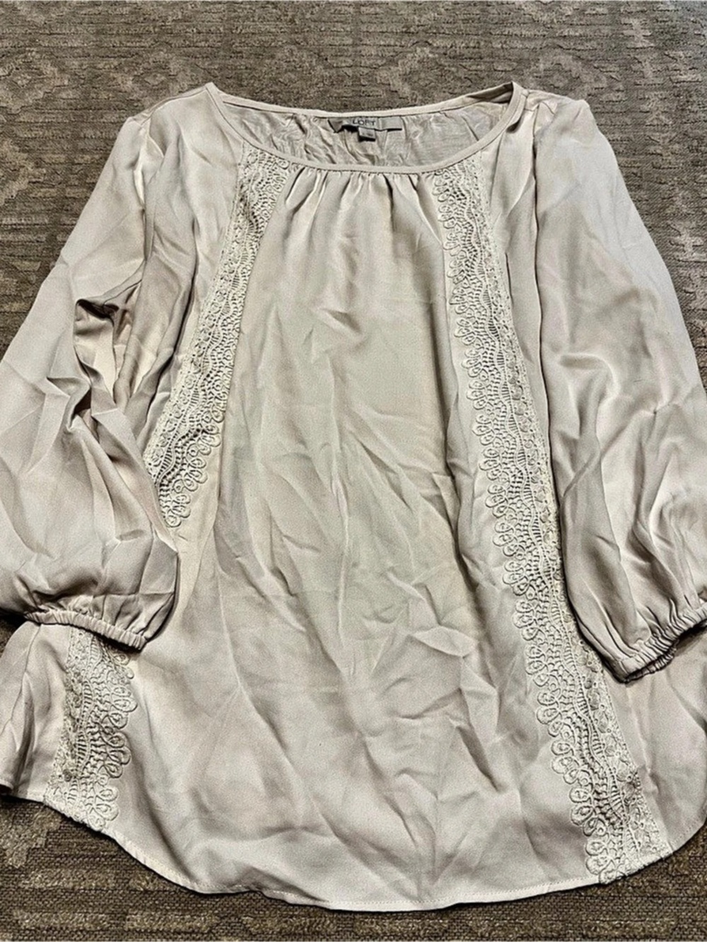 LOFT Mixed Media Raglan Long Sleeve Blouse with Crochet Lace Detail Blouse White